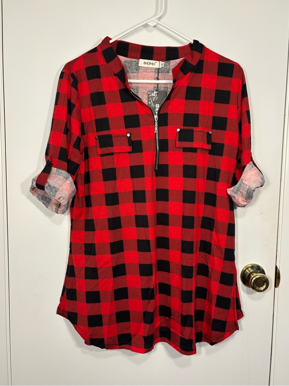 BEPEI Red Black Buffalo Plaid Tunic Top XL NWT Half Zip